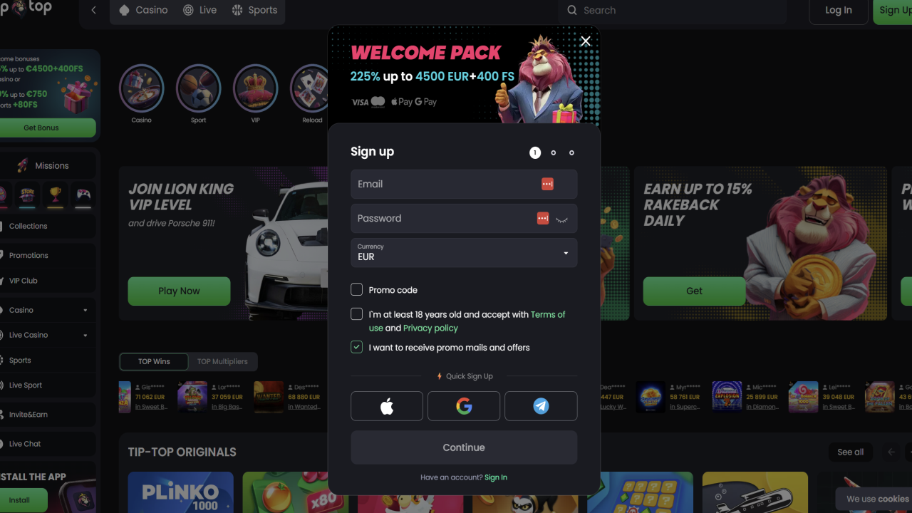 Tiptop Casino registration