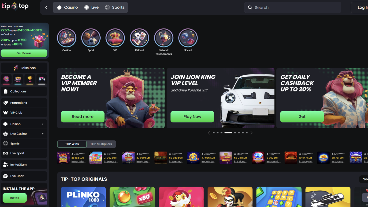 Tiptop Casino website